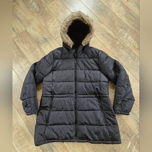 Gap Womens Large Black Puffer Winter Coat with Faux Fur Hood